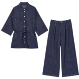 Set da donna in denim, 2 pezzi, camicia blu, pantaloni a gamba larga, camicetta casual e pantaloni, Set Blu Scuro, XS
