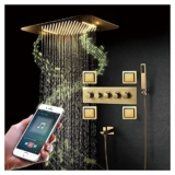 Sistema doccia musica termostatico oro spazzolato, 64 colori, set combinato doccia LED con soffione a pioggia, doccetta e raggi del corpo, touchpad
