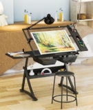 Stazione di disegno in vetro con sgabello regolabile in altezza, tavolo da disegno inclinabile, scrivania da disegno per studio, casa, ufficio, scuola (nero 1 vassoio laterale) (nero 1 vassoio la