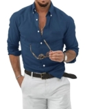 TARAINYA Camicia Lino Uomo Cotone Manica Lunga Estiva Casual con Tasche Regular Fit Blu Scuro L