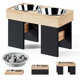 TUONKEE Porta Ciotole per Cani Rialzate x2 Ciotole In Acciaio Inox x1 Ciotola Cane Anti-Ingozzamento per Cani Voraci E Altezza Regolabile In Legno Masello di Pino (Urban Black)
