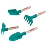 Theo Klein 2735 Bosch Set di attrezzida giardino, Include vanga, rastrello, pala e zappa, Occhiello per l’aggancio, Giocattolo per bambini dai 3 anni