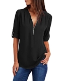 Tuopuda Magliette Donna Estive Camicette Manica Lunga Camicia Elegante Blusa Moda T-Shirt Scollo a V Top con Cerniera Tee Maglietta Casual Shirt Tinta Unita Pullover Taglie Forti, Nero, XL