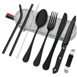 Txeouse 9 Pezzi Posate da Campeggio Portatili,Posate da Viaggio in Acciaio Inossidabile,con Borsa per Posate,Adatto per il Campeggio,Picnic,Vita Quotidiana,Posate all’Aperto e Accessori
