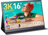 UPERFECT OLED Monitor Portatile 16 ”, 3K 2880×1800 | 120Hz | Portable Gaming Monitor, 500 Nits |100% DCI-P3 | 10-Bit | 100000:1 Contrast | 1ms Schermo per Laptop Mini PC Phone Game Consoles