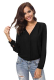 Urban GoCo Donne Camicette Manica Lunga Pieghe Chiffon con Scollo V Colore Puro Camicia Blusa Nero S
