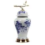 Vaso di zenzero in porcellana blu e bianca con rami di rame, vaso decorativo in ceramica con coperchio in ceramica, decorazione per la casa (colore: taglia A: taglia unica)