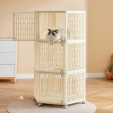 WLCNYL Gabbia per Gatti a 4 Livelli, recinto per Gatti da Interno, recinti per Gatti, Ventilazione e traspirabilità, con Serratura, Ruota Universale, Bianco Sporco, Gabbia per Gattini, per 1-3 GAT