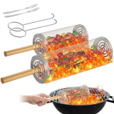 Wawofun Nesting, 2 cestini per barbecue con manico in legno rimovibile, in acciaio inox 304, accessorio per carne, pesce, verdure, gamberetti, attività all’aperto, campeggio, picnic