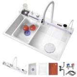 Whale – Lavello da cucina a doppia cascata con display a LED, dispenser di sapone, miscelatore e comandi da appoggio, 90 x 50 x 22 cm, design moderno bianco per una pulizia efficiente