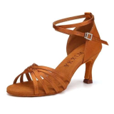 YKXLM Scarpe da Ballo Donna Latino Americane Professionali Salsa Tango Valzer Raso Scarpe da Ballo,Tacco 7.5CM,Marrone,38EU