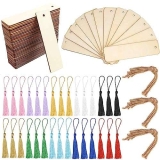 YMJD Kit 90 PZ Segnalibro in Legno, 30 Pezzi Segnalibri Legno +30 Pezzi Corda + 30 PZ Nappe Colorate, 12 * 3.2cm Legno Segnalibro Rettangolare Fai da Te