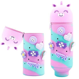 YOUYIKE 3D Unicorno Astuccio Telescopico, 2 in 1 in Astuccio Silicone con 6 Charm Decorativi, Piccolo Scatola Porta Cancelleria, Astuccio bambino, Materiale Scolastico Ragazze Present (Viola)