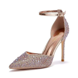 Zhabtuc Décolleté con Tacco Alto da Donna Tacchi a Spillo con Strass 10 CM Tacchi a Punta Glitterati Tacchi Alti Sexy con Cinturino alla Caviglia Scarpe con Tacco per Il Matrimonio di Festa, Oro 40EU