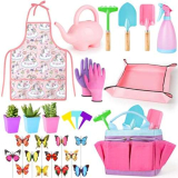 deAO Set di Attrezzi da Giardinaggio, per Bambini, inlcuso Pala Sicura, Rastrello,Forcella, Guanti, Grembiule, Annaffiatoio e Borsa in Tela, Kit per il Giardinaggio Adatto a Ragazzi e Ragazze, Rosa