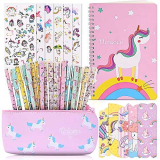 faburo Cancelleria per Unicorno, 20pz Penne per Unicorno Simpatico Regalo, 1pz Notebook per Materiale Scolastico, 6pz Adesiva Regalo Compleanno Bambini Ragazze