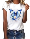 heekpek T Shirt Donna Manica Corta Bianca Cotone Maglietta Manica Corta Donna Casual Girocollo Stampa Estiva Base Tee Bluse, Blu Farfalla, M